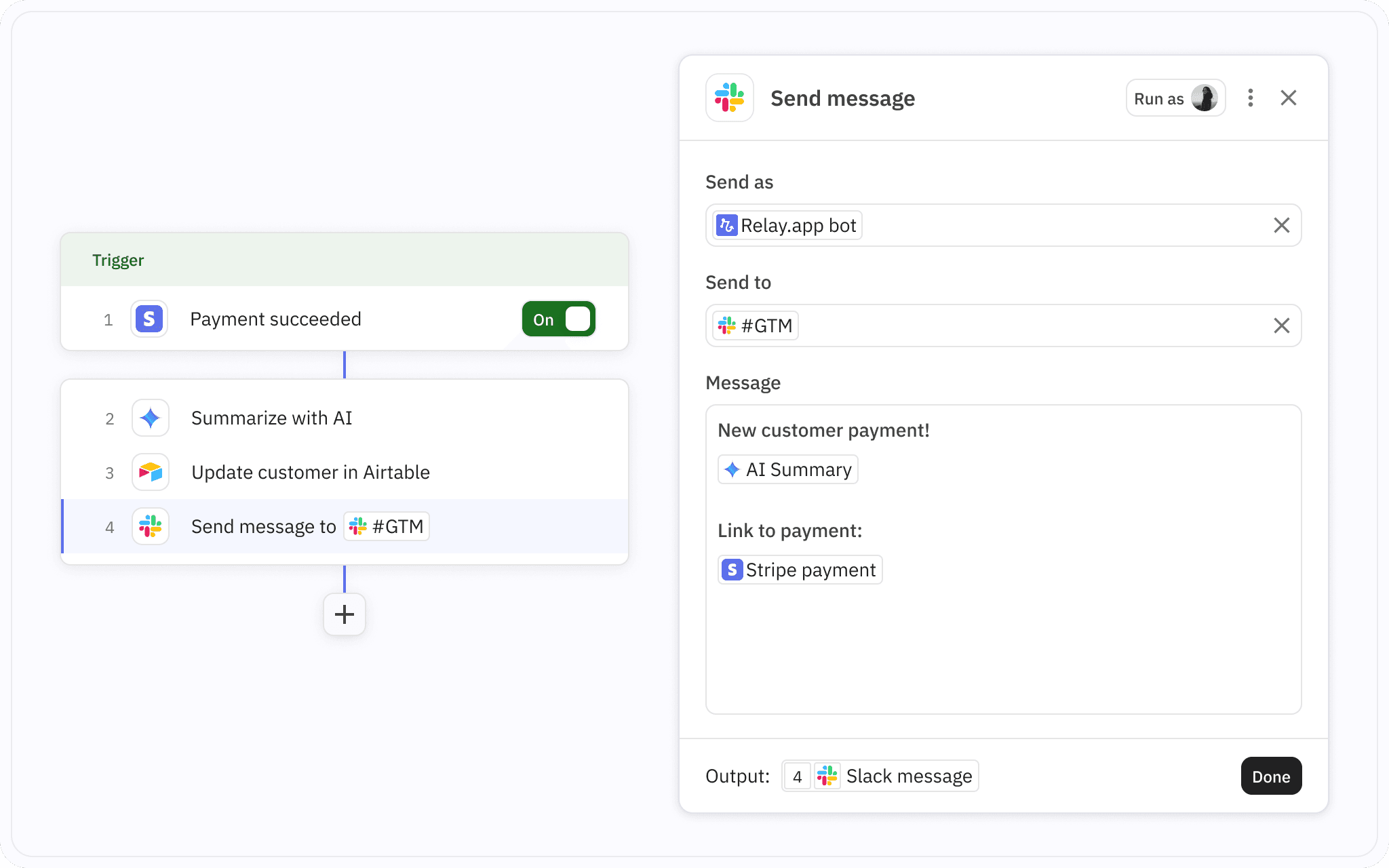 A visual workflow with an app trigger, an AI step, and a human approval.